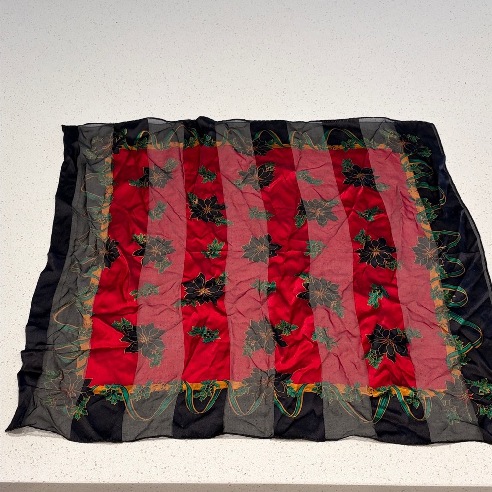Elaine Gold for Collection XIIX LTD.  Red and Black Holiday Floral Satin Scarf
